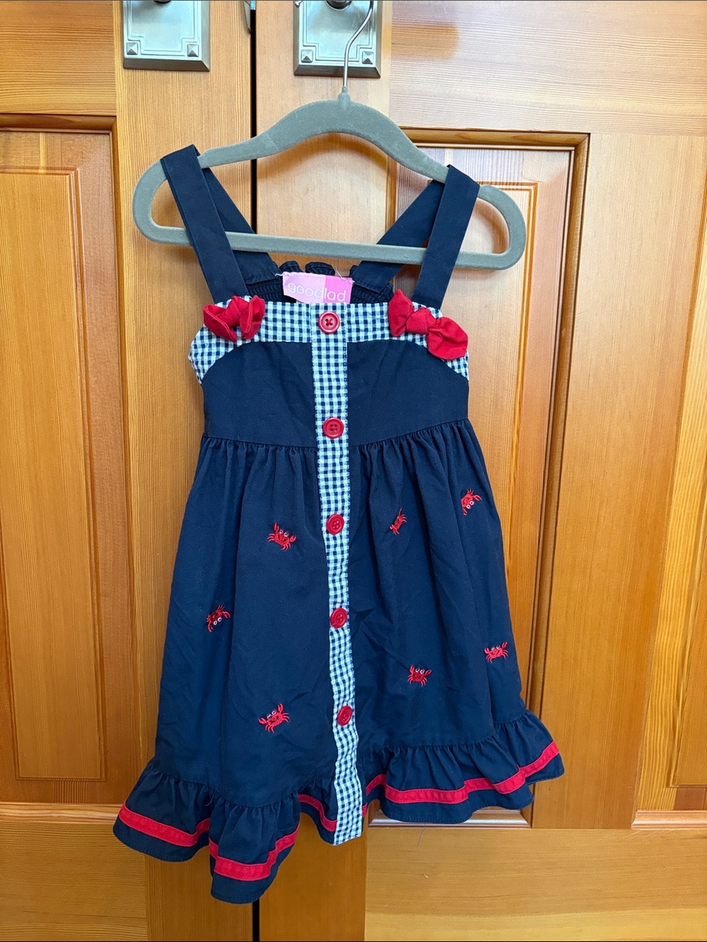 Good Lad Navy and Red Embroidered Gingham-Trim Nautical Dress 3T EUC